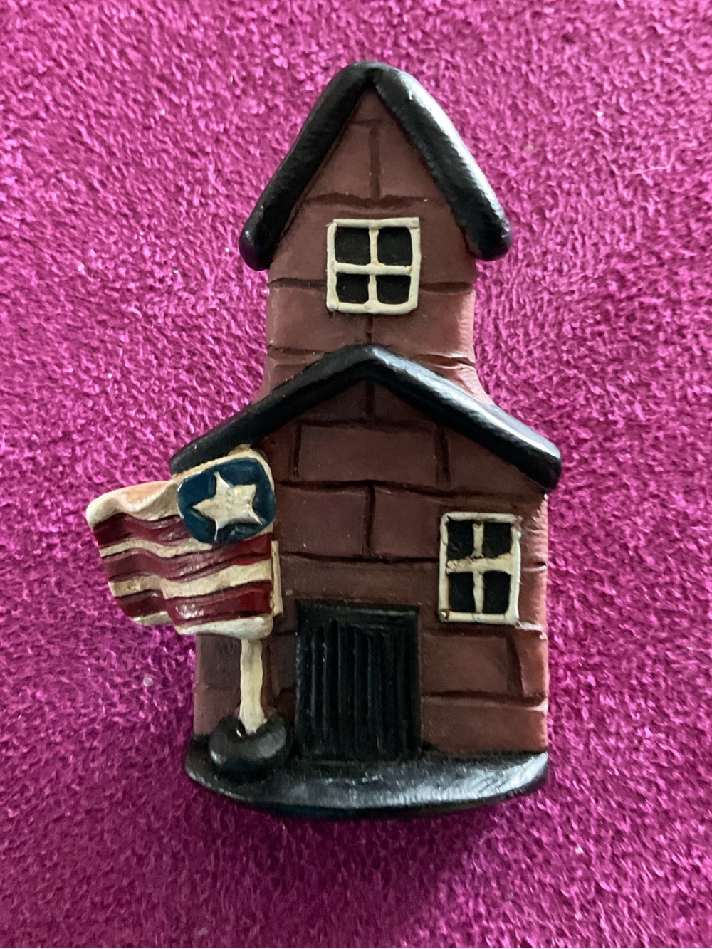 Vintage 1990 Schoolhouse-Themed Brooch.w/Rustic Brick Design and Small Flag